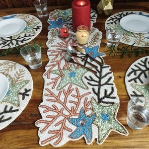 Handmade Starfishes And Corals Beaded Table Runner. Placemats Also Available.