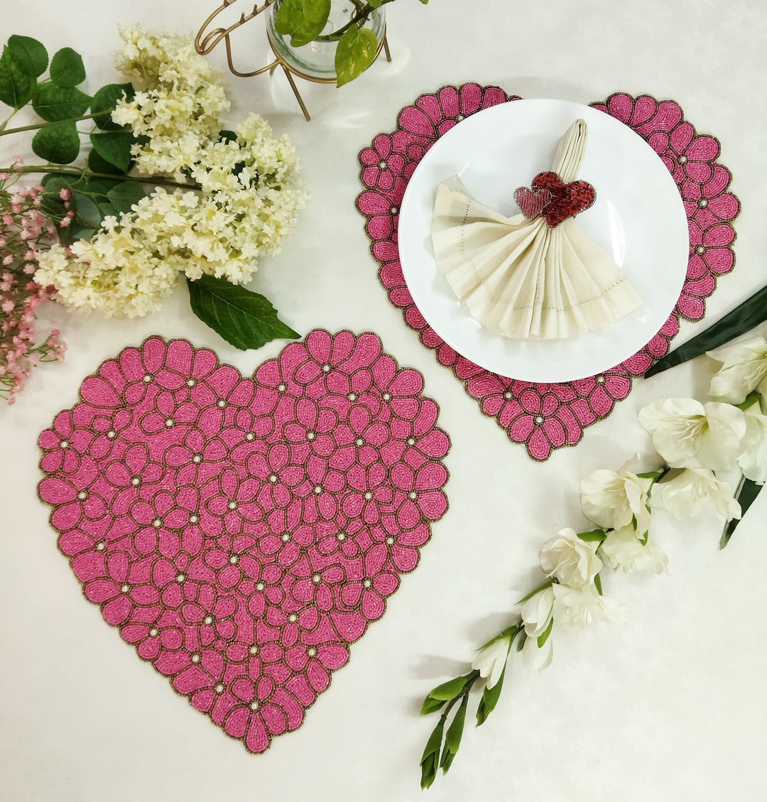 Handmade Pink Beads Heart Shaped Placemat Etsy