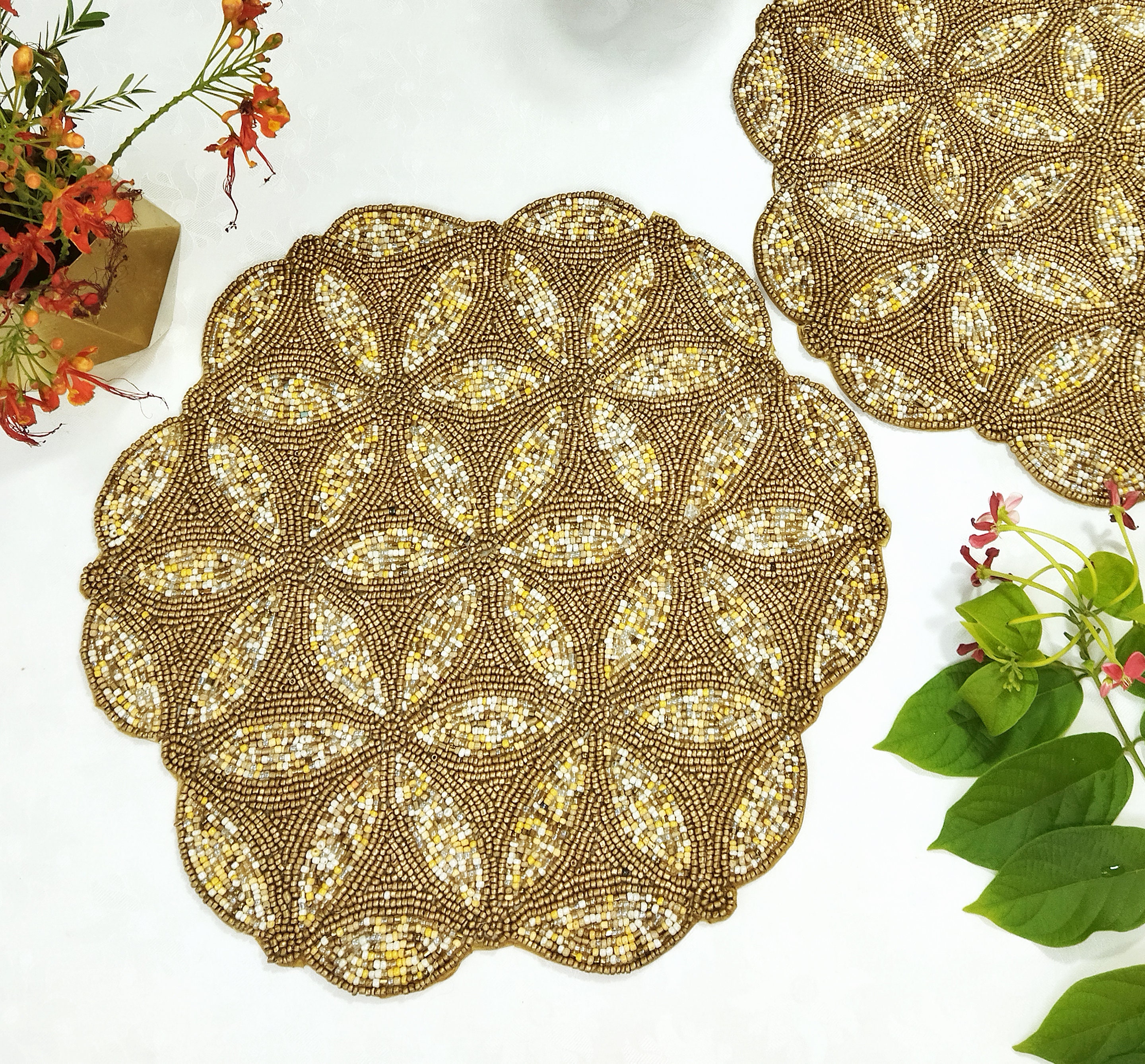 Handmade Gold Geometric Flower Beaded Placemat
