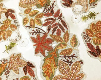 Handmade Autumn Leaves Beaded Placemat & Runner | Fall Table Decor | Thanksgiving Beadwork Set | Harvest Dining Accessories