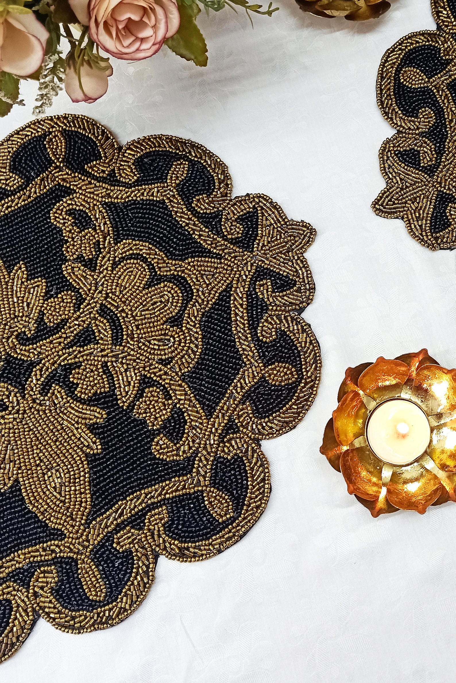 Handmade Black & Gold Ornate Design Beaded Oval Placemat Etsy