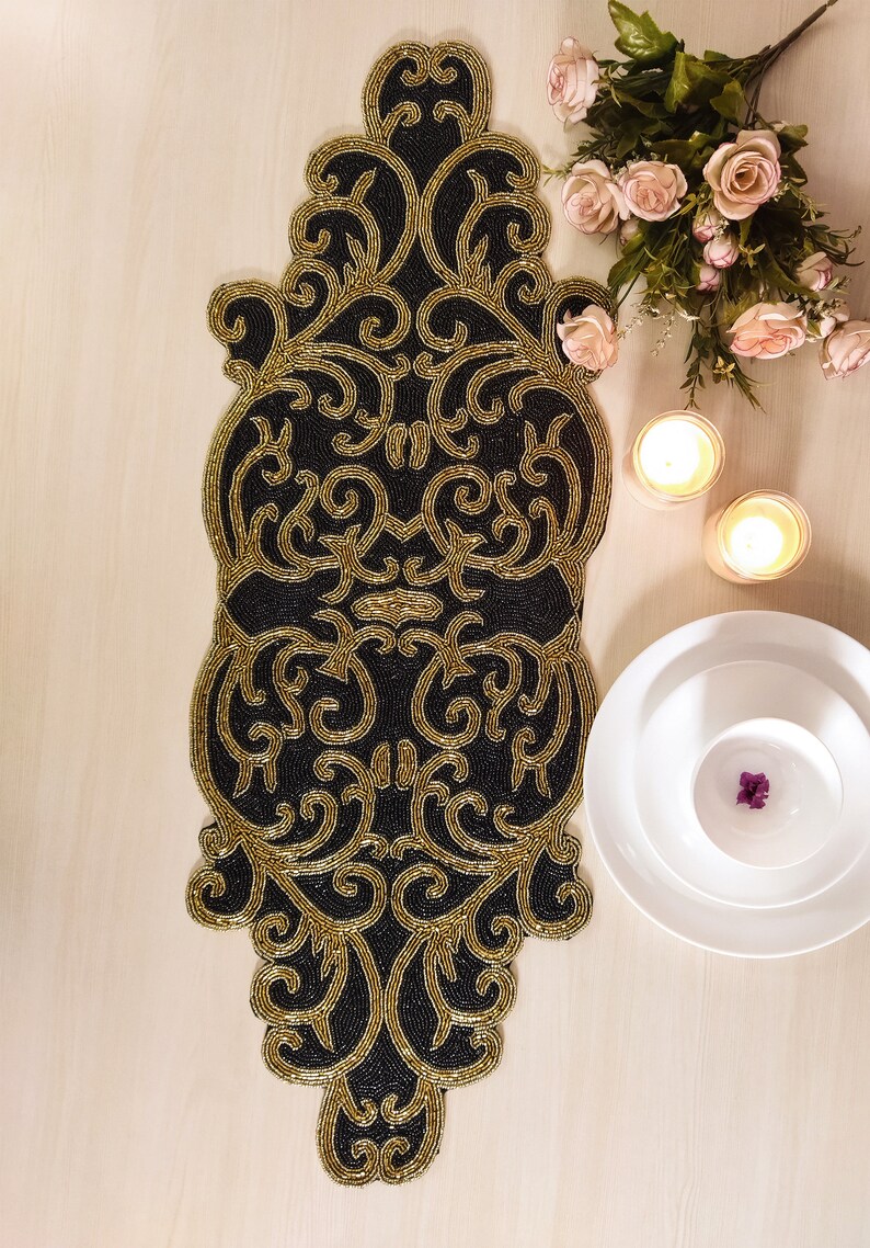 Black and Gold Handmade Beaded Table Runner - Etsy