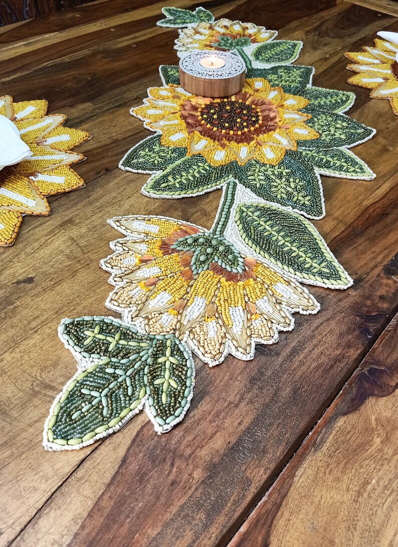 Sunflower Beaded Table Runner Handmade Beaded Runner Etsy