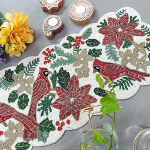 Red Birds Handmade Beaded Table Runner