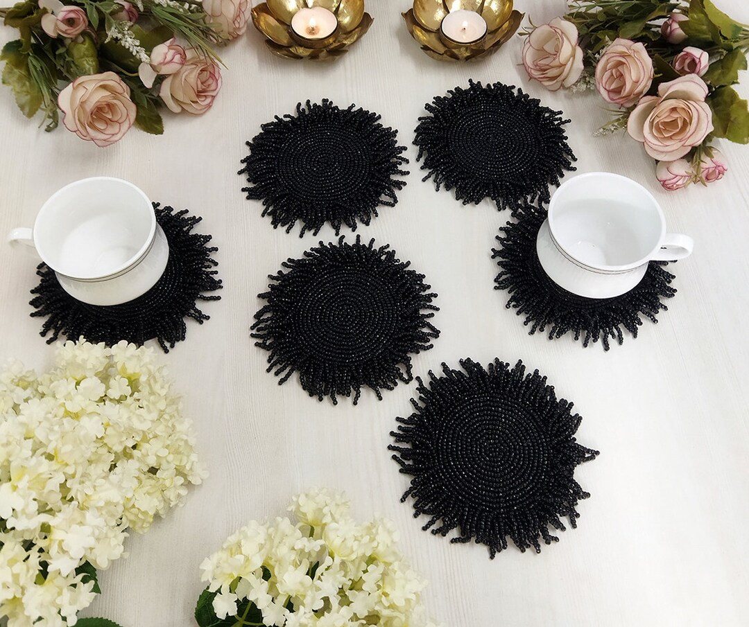 Black Beaded Coaster - Set of 6 - Etsy
