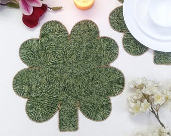 Handmade Four Leaf Clover Placemat | Green Beaded, St. Patrick's Day Decor, Gold Trim