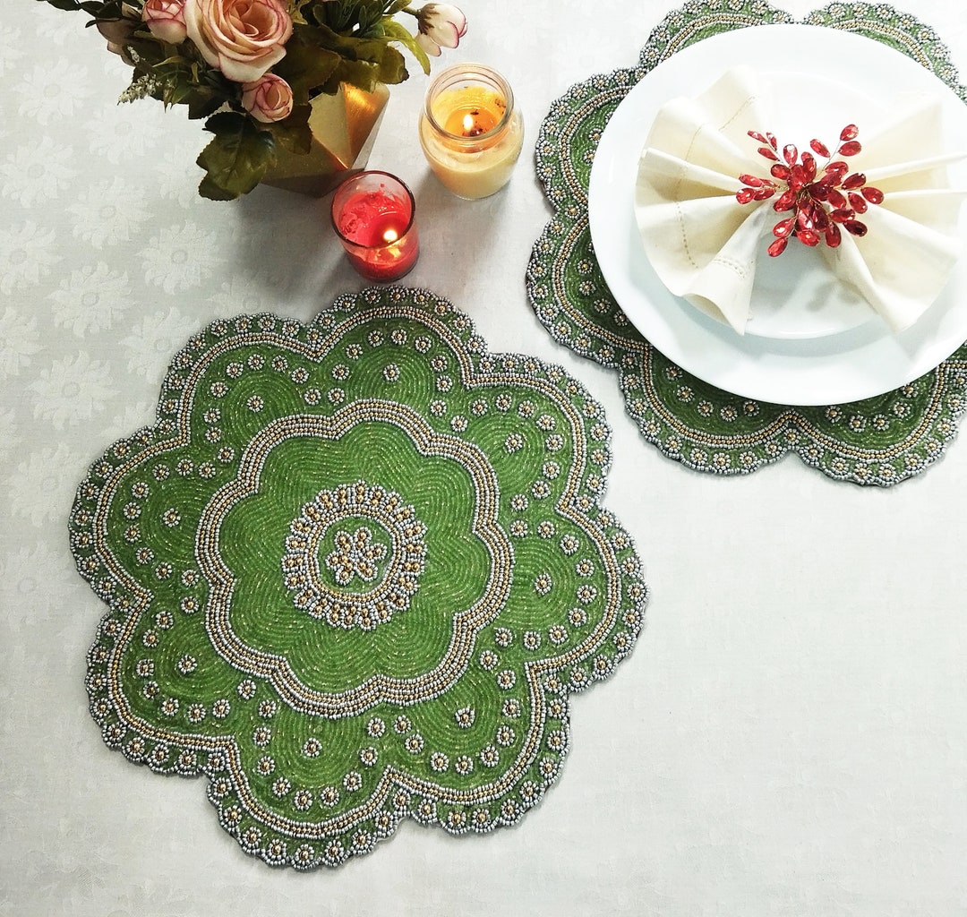 Handmade Green Flower Beaded Placemat Etsy