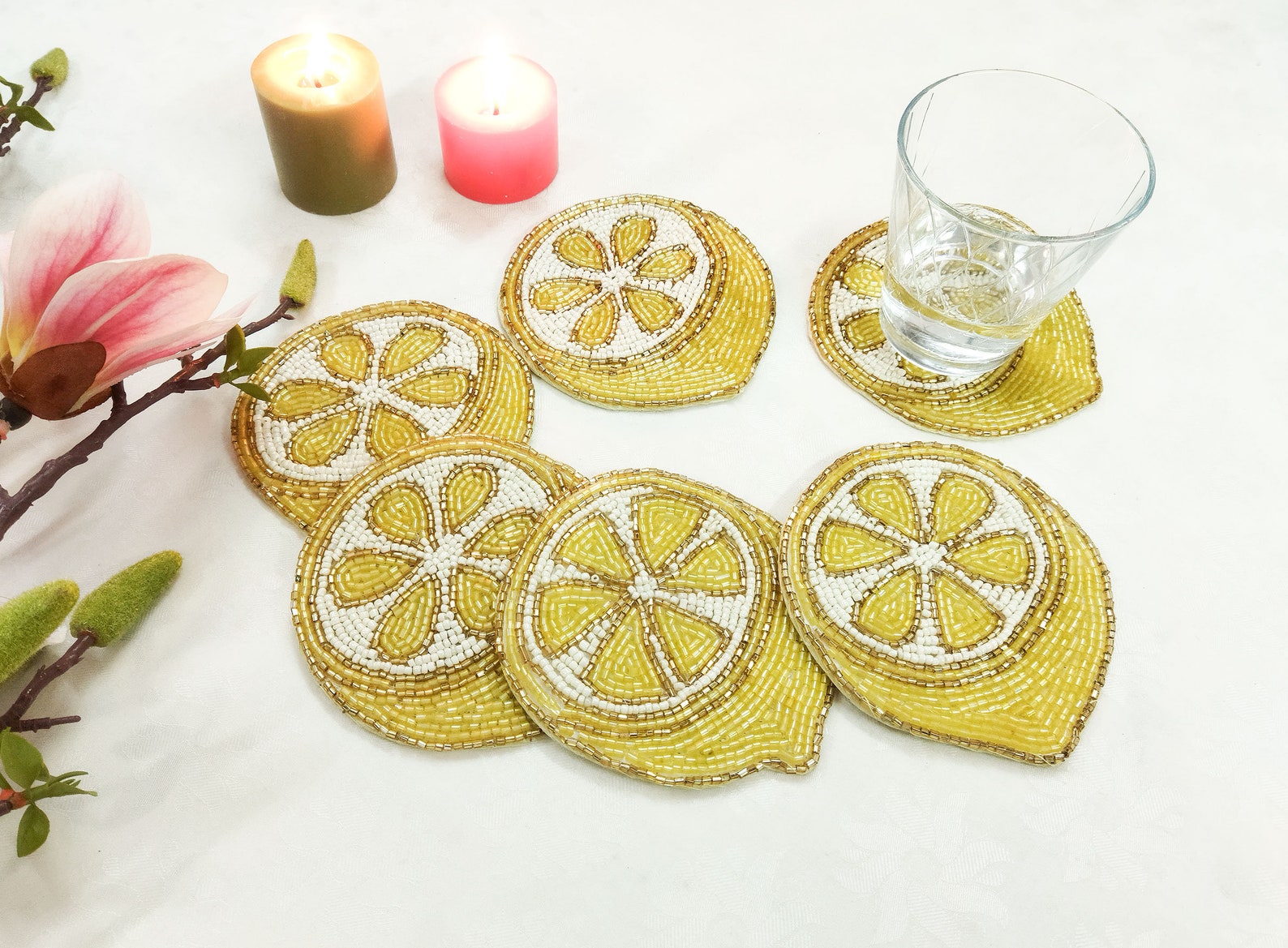 Handmade Beaded Half Cut Lemon Coasters - Set of 6