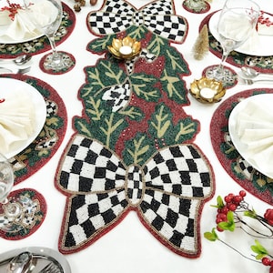 Handmade Christmas black and white bow tie beaded table runner
