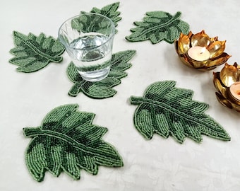 Handmade green leaf shape beaded coasters - Set of 6