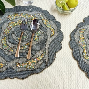 Handmade Silver Rose Round Beaded Placemat