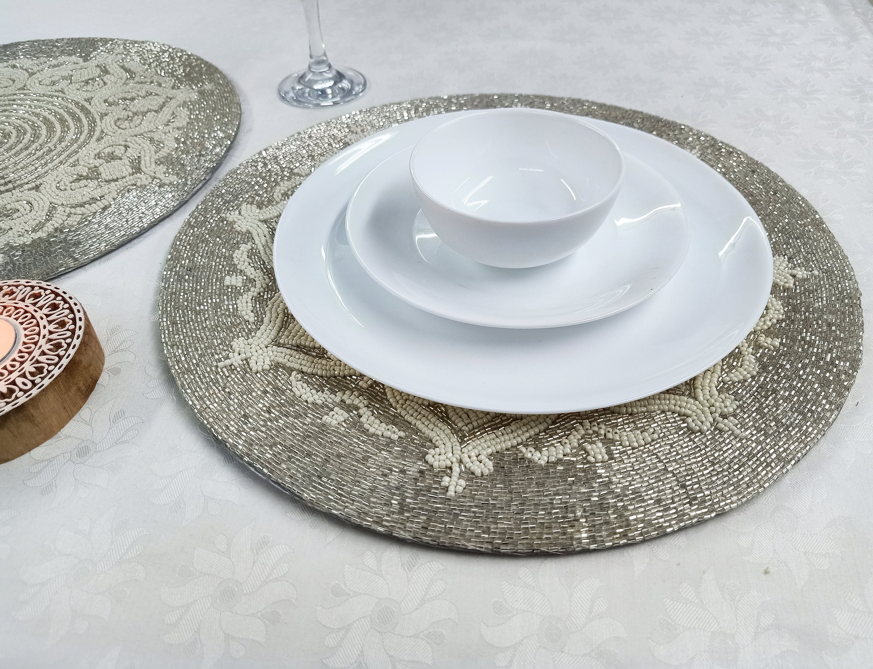 Handmade silver and white ornate design beaded round placemat Etsy