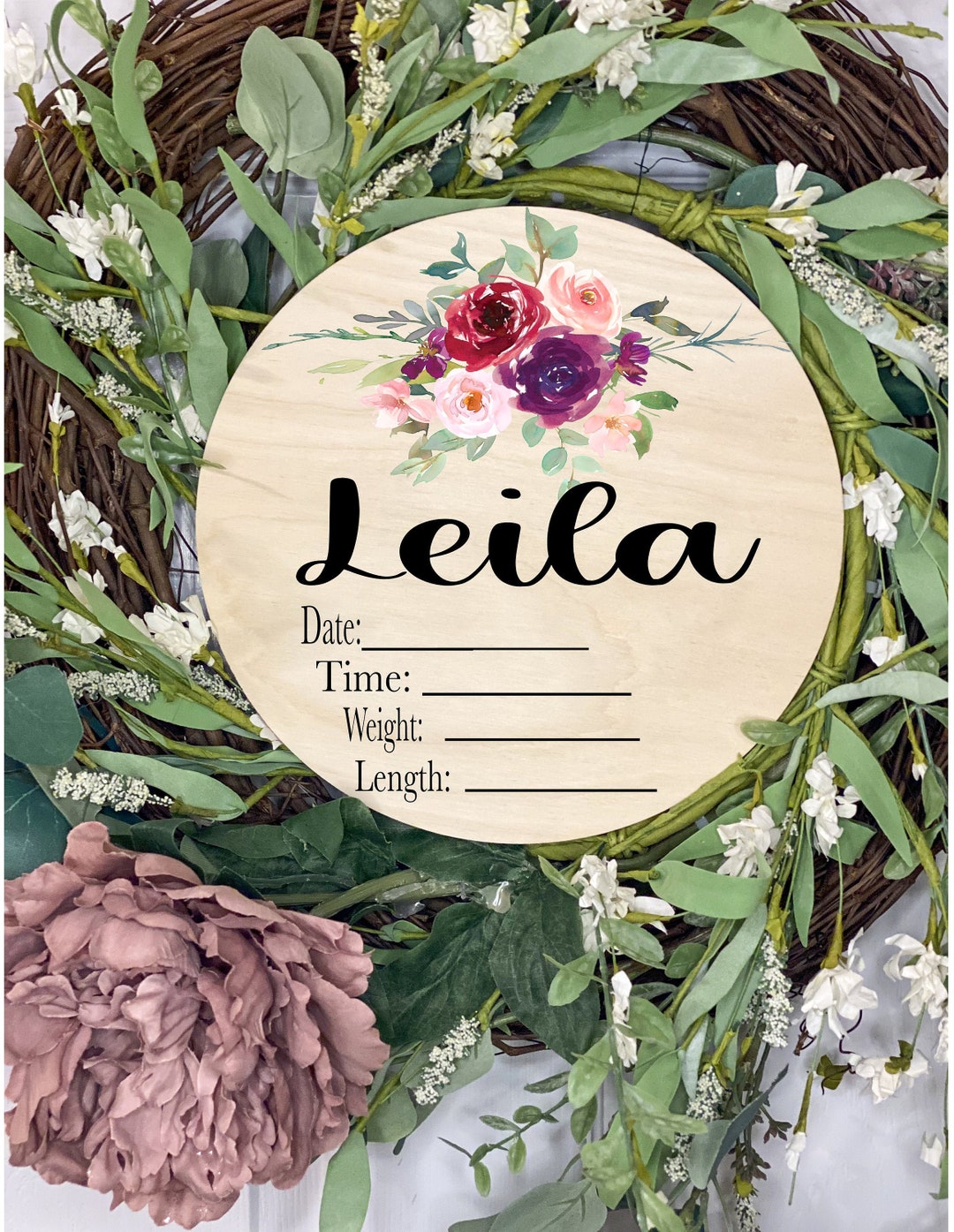 Birth Stats Round Wood Baby Name Sign Wooden Personalized Baby Name ...