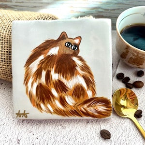 Cat Coaster with Cork Backing, Coffee Mug Coaster, Hand Painted Ceramic Tile Coaster, Cat Lover Gift, Feline Art Coasters