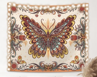 Boho Tapestry ~ Orange Sun & Moon Wall Tapestry, Hippie Tapestry with mushroom, Butterfly Moth, Tapestry for bedroom Aesthetic Living Room