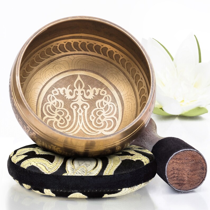 Tibetan Singing Bowl Set ~ Easy to Play ~ Creates Beautiful Sound for Healing, Meditation & Relaxation ~ Peace Pattern ~ Gold Sound Bowl