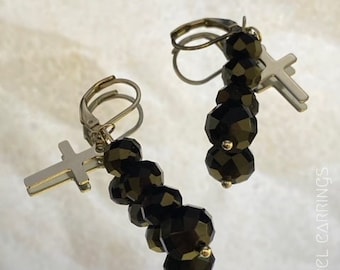 Black glass stone earrings. Stainless steel.Cross.