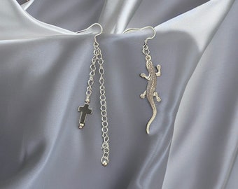 stainless steel earrings. Lizard. Hematite stone cross. Hematite stone. Earrings