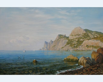 Original Seascape Oil Painting on Canvas: Large Blue Ocean Art by Alexander Shenderov