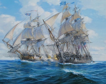Sailing ship painting by Alexander Shenderov original oil painting canvas sail boat seascape battle ships USS Constitution HMS Guerriere