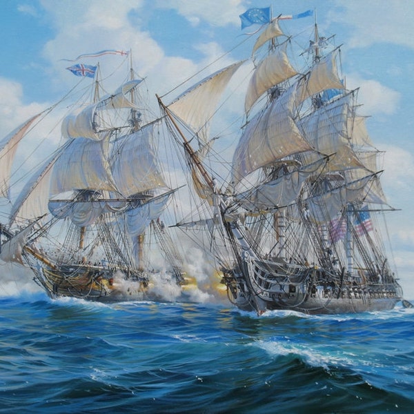 Sailing ship painting by Alexander Shenderov original oil painting canvas sail boat seascape battle ships USS Constitution HMS Guerriere