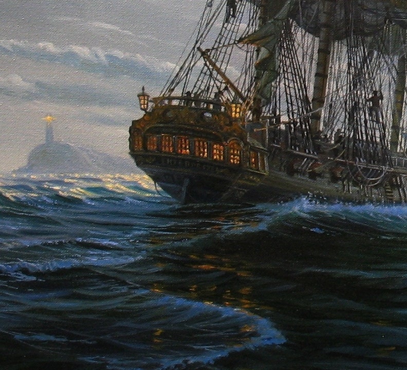 アレクサンダー・シェンデロフによる帆船の夜の絵画、油絵