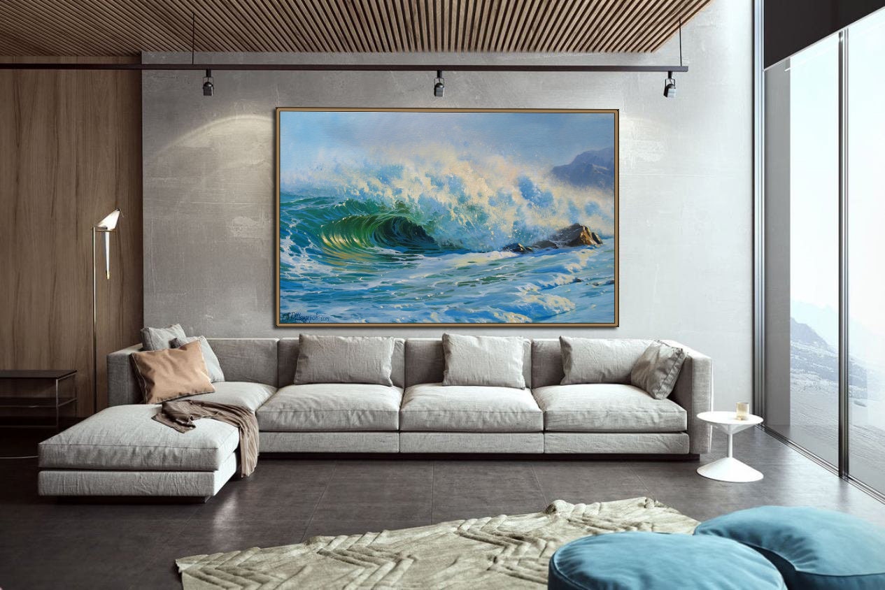 Original Seascape Oil Painting: Blue Ocean Wave Art by Alexander