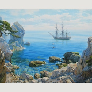 Fregatte Essex: Original Ölgemälde, Meer Kunst auf Leinwand von Alexander Shenderov