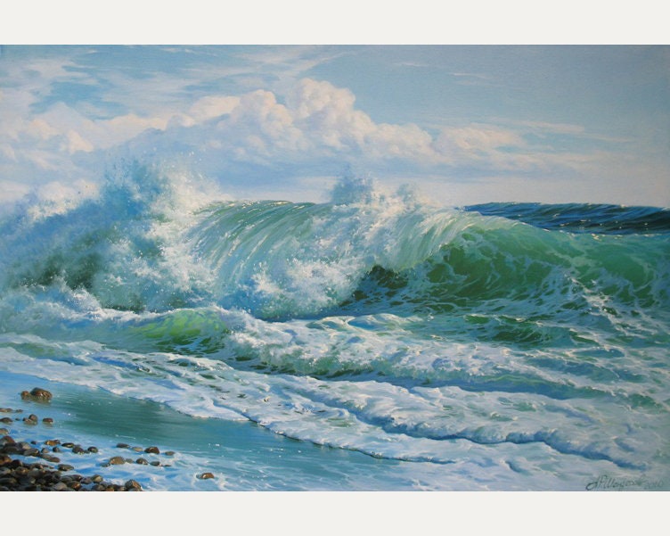 オリジナルの波の油絵：キャンバスに描かれた大きな海景画 - Etsy 日本