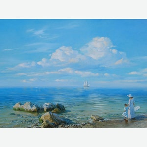Original Seascape Oil Painting: Large Blue Ocean Canvas Art by Alexander Shenderov