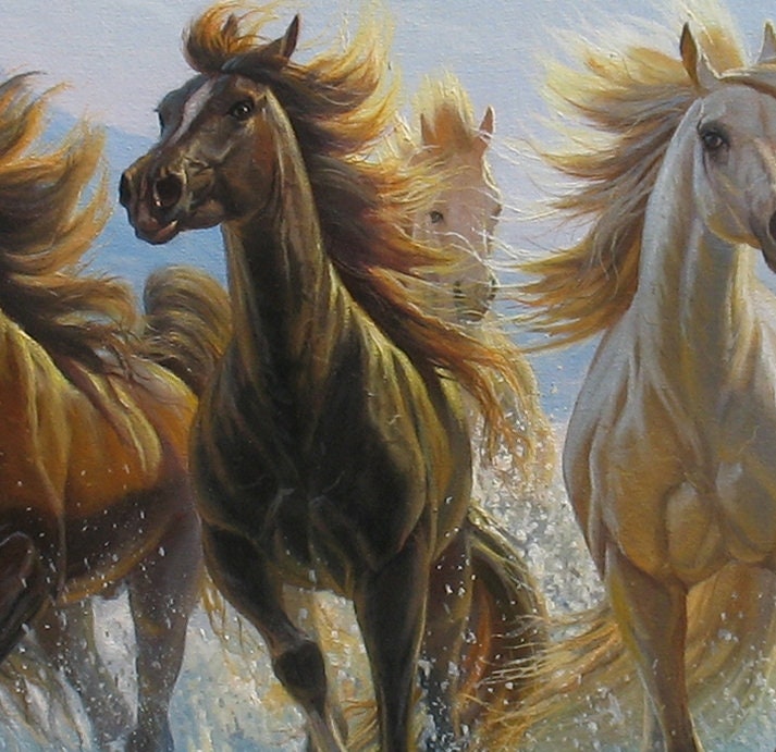 海の波の中を走る馬 アレクサンダー・シェンデロフ作 油絵 馬の 海の波の中を走る馬 アレクサンダー・シェンデロフ作 油絵 馬の
