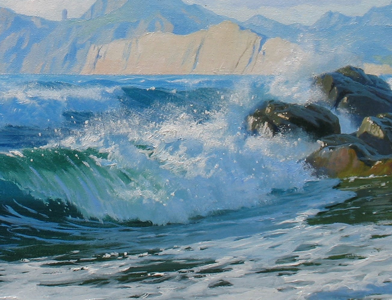 アレクサンダー・シェンデロフ作、オリジナルの海景油絵：青い海の波と
