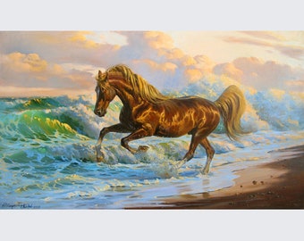 オリジナル油絵：海の波間を走る馬、アレクサンダー・シェンデロフ