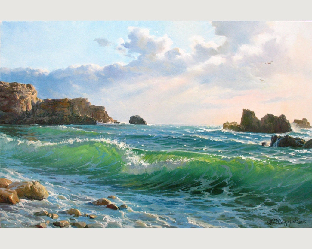 絵画 Sea side Original Ocean Wave Oil Painting on Canvas by Alexander Shenderov