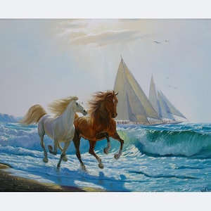 Lopende paarden in de oceaangolven die op canvas door Alexander Shenderov paard schilderend groot paard de kunst canvas zeegezicht schilderen