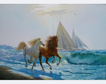 Running horses in the ocean waves painting on canvas by Alexander Shenderov horse painting large horse wall art canvas seascape painting