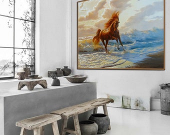 アレクサンダー・シェンデロフによるオリジナルの走る馬の油絵：海景