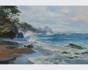 Original Seascape Oil Painting: Beach, Large Canvas Art by Alexander Shenderov