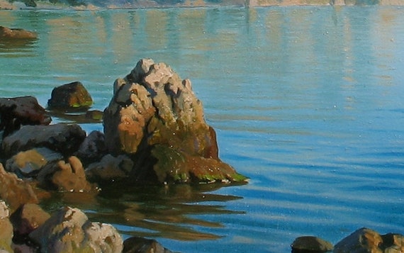 Original Seascape Oil Painting: Blue Ocean Beach Scene, Coastal