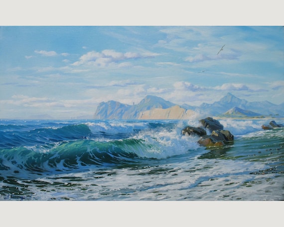 アレクサンダー・シェンデロフ作、オリジナルの海景油絵：青い海の波と