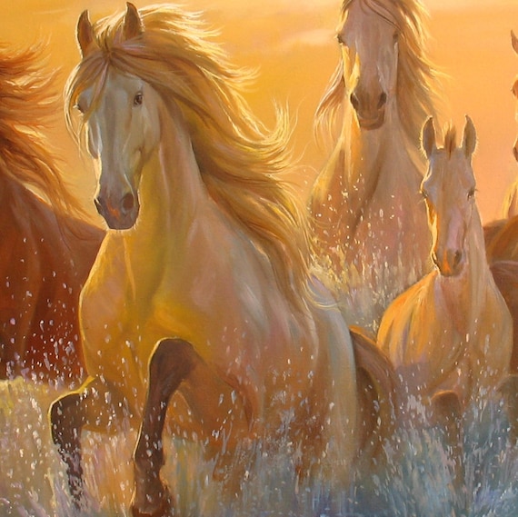 Original Horse Painting: Large Oil Canvas, Running Horses in Water