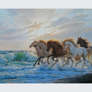 Lopende paarden kunst doek origineel door Alexander Shenderov lopende paarden in het water dat groot zeegezicht schildert dat zonsopgangolieverf schildert