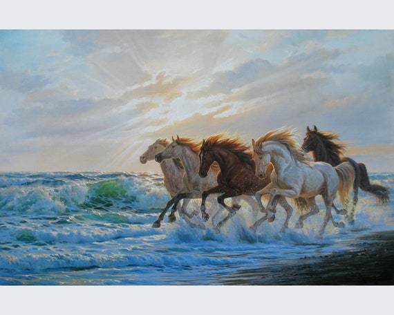 Original Oil Painting: Running Horses Seascape Art by Alexander