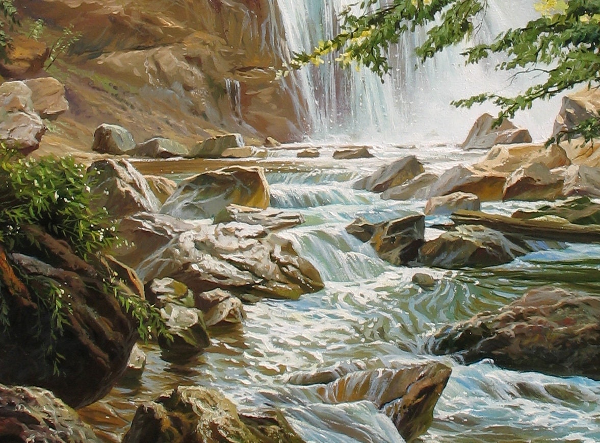 Original Waterfall Oil Painting: Large Green Landscape Art on