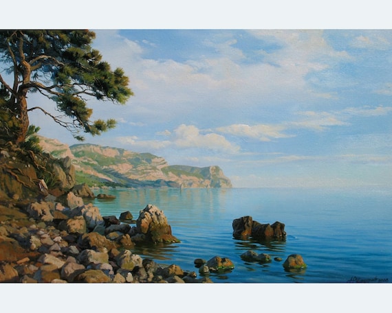Original Seascape Oil Painting: Blue Ocean Beach Scene, Coastal