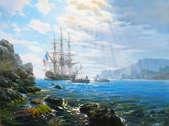 洋書: Ship, Sea & Sky 帆船 Marine art Original Oil Painting: Sailing Ship Art, Seascape Canvas by
