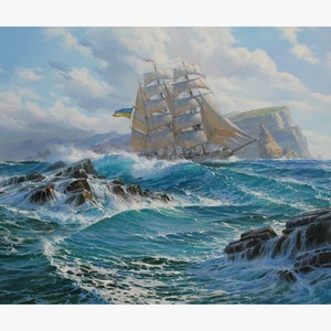 Obraz olejny „Żaglowiec”: Oryginalna sztuka pejzażu morskiego autorstwa Aleksandra Shenderova