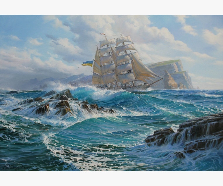 アレクサンダー・シェンデロフによる帆船の油絵、海景油絵、帆船