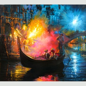 Night Venice painting by Alexander Shenderov Venice art boat painting original oil painting canvas Night Venice Carnival painting larg art