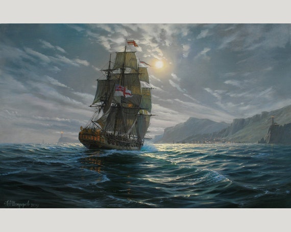 アレクサンダー・シェンデロフによる夜の帆船の絵画 海の絵 帆船